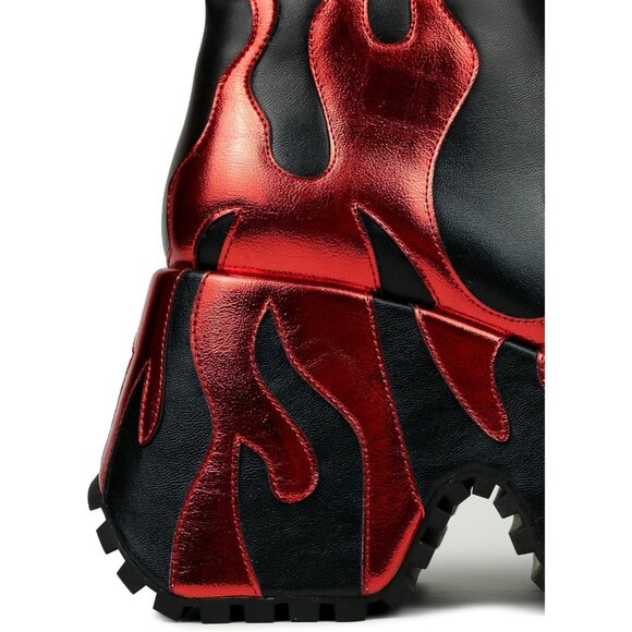 Women’s Synthetic Red Side Zipper High Heeled Flames Printing Chunky Sole Boot - Picture 7 of 7